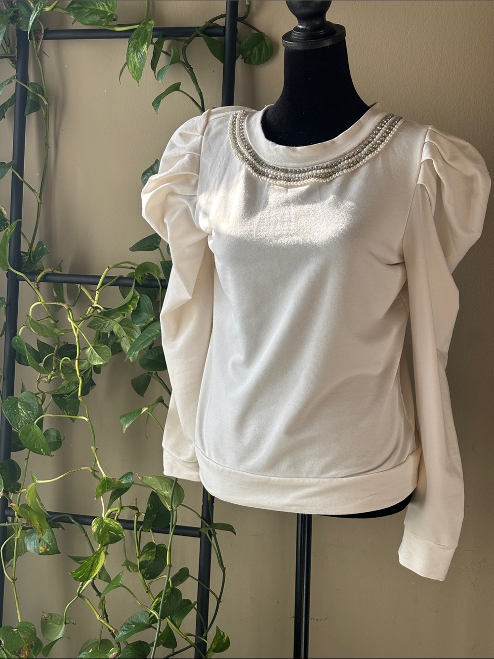 Ann Taylor Cream Pearl-Trim Puff Sleeve Sweatshirt